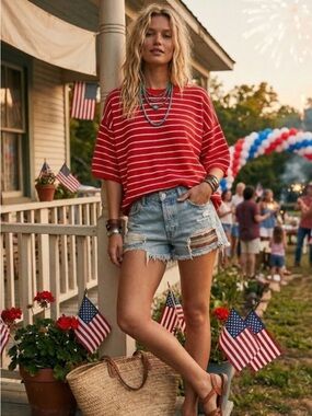 Womens Red Striped Short-Sleeve Knit Sweater